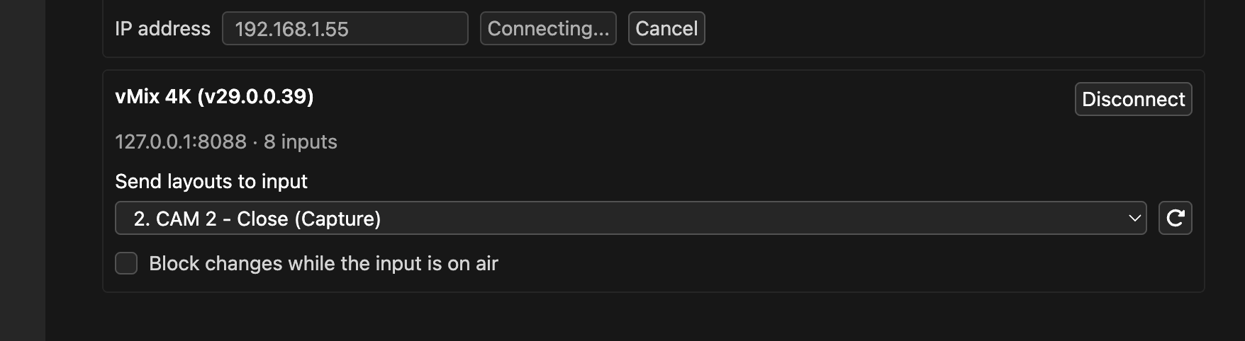 The vMix connection panel with an input selected