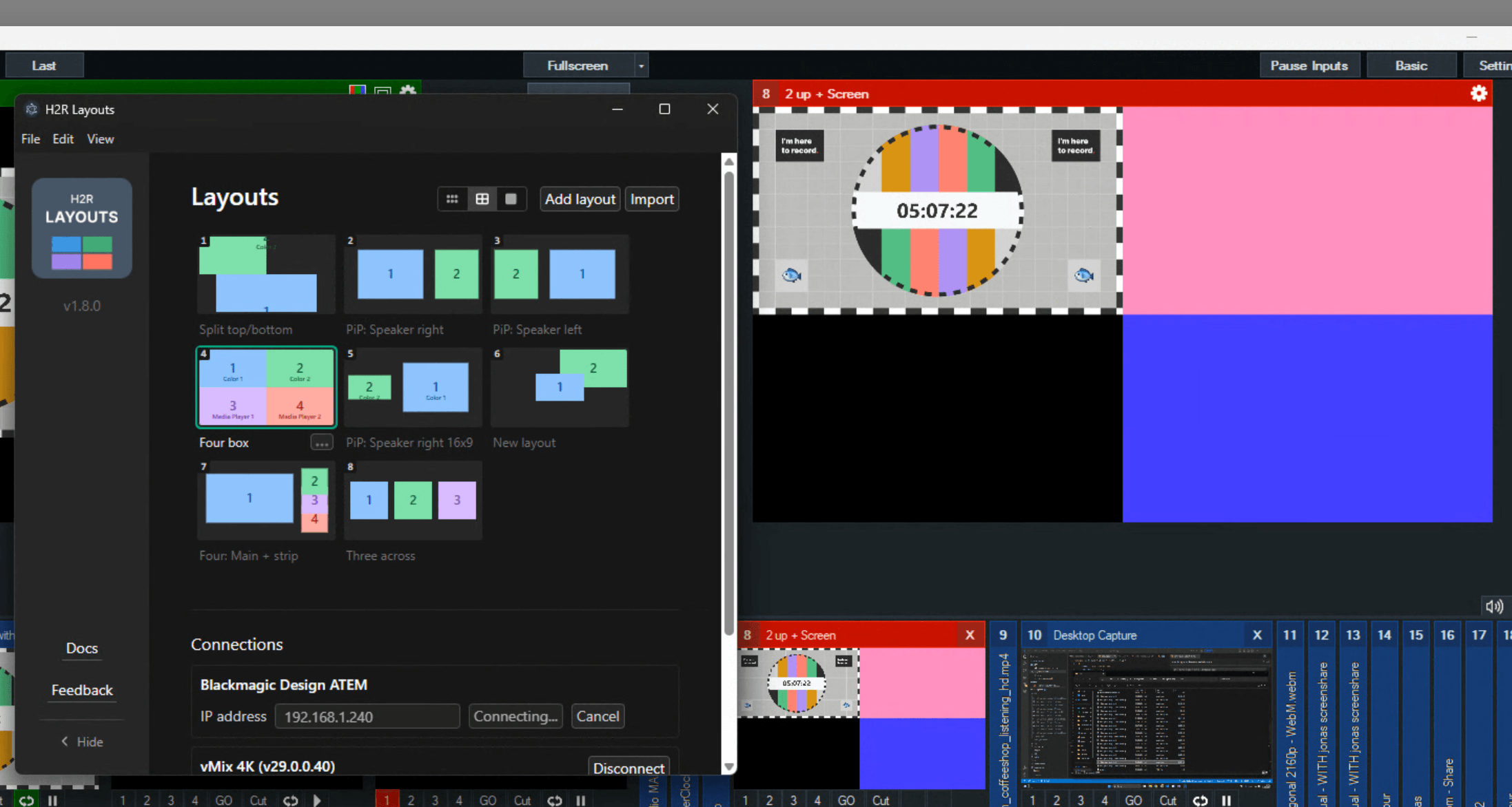 H2R Layouts recalling a four box layout onto a vMix input